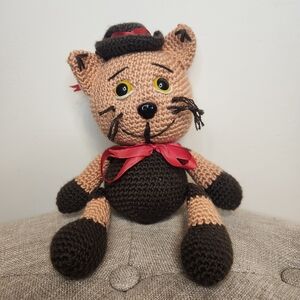 Handmade Knitted Cat Plush with Red Bow